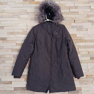 North Face Womens Large Grey Long Length Fur Parka Winter Jacket Ladies Coat Ski